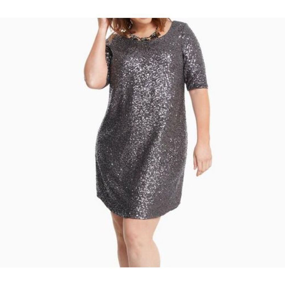 Torrid Sequin Shift Dress Charcoal Gray V-Neck Back Lined Size 1 (14/16) NWT